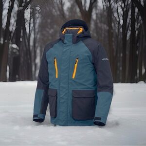 Men's Blue and Navy Insulated Winter Jacket with Contrast Zippers